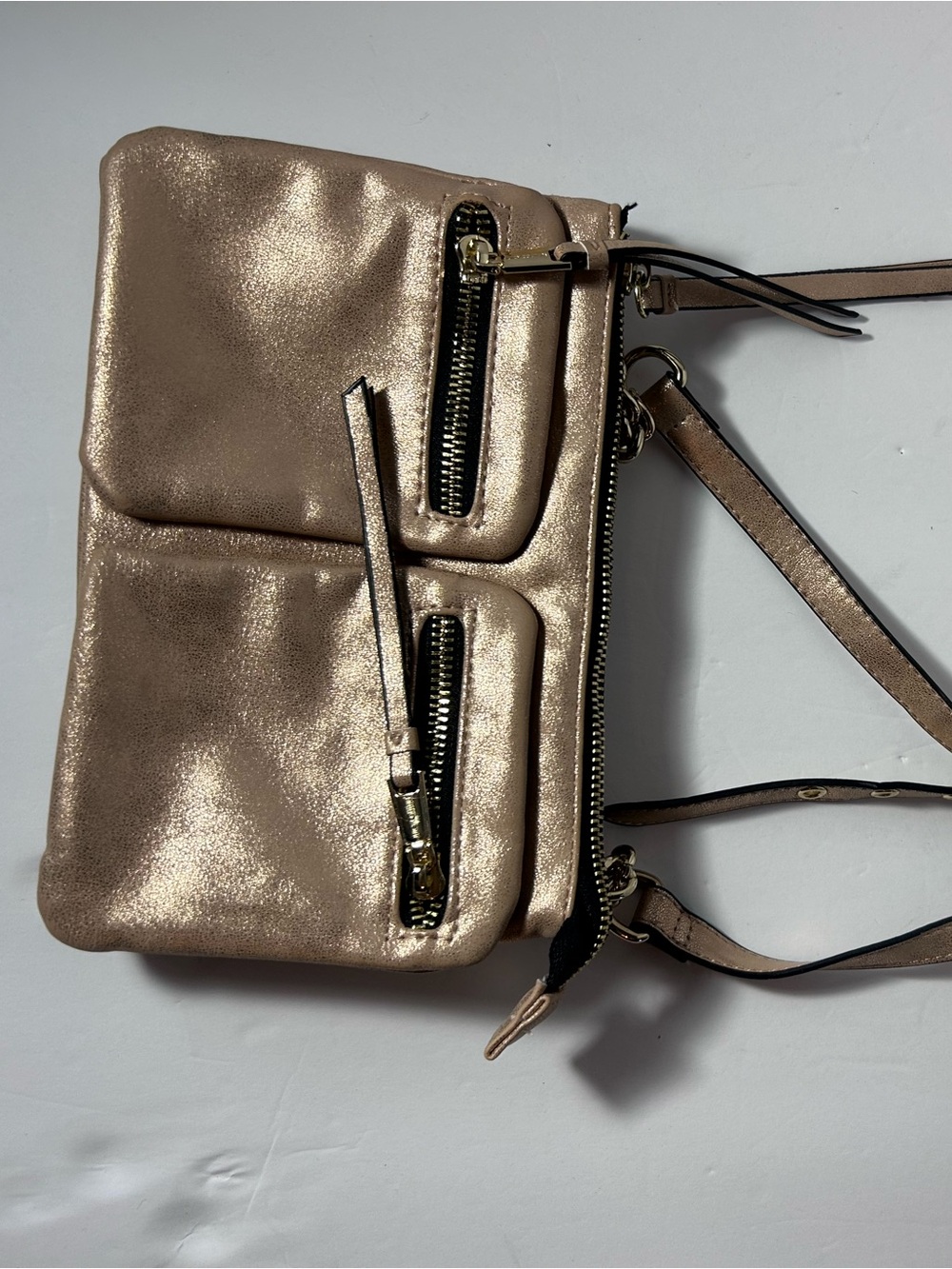 Juicy Couture Metallic Rose Gold Crossbody Bag with Front Zips